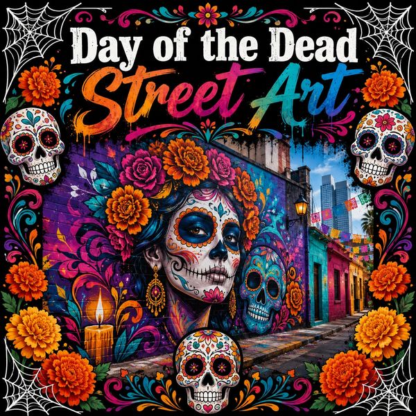Explore Day of the Dead street art featuring colorful murals, calaveras Catrinas and Mexican culture