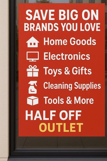 Red sale sign promoting half off outlet on various product categories.