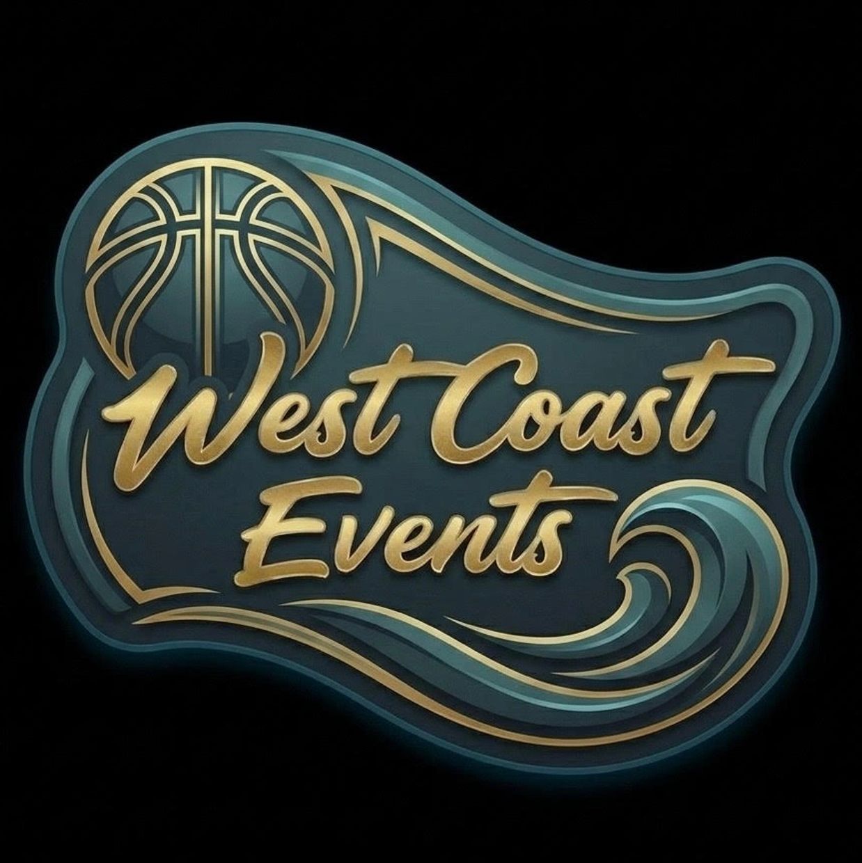 Stylized logo for West Coast Events with basketball and wave design.