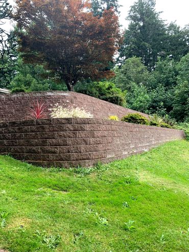 A terraced garden with brick retaining walls and diverse plants.