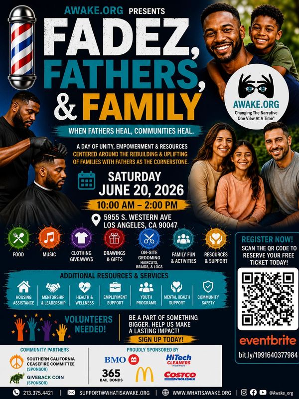 Flyer for Fadez, Fathers, & Family event on June 20, 2026, promoting unity and resources for families.