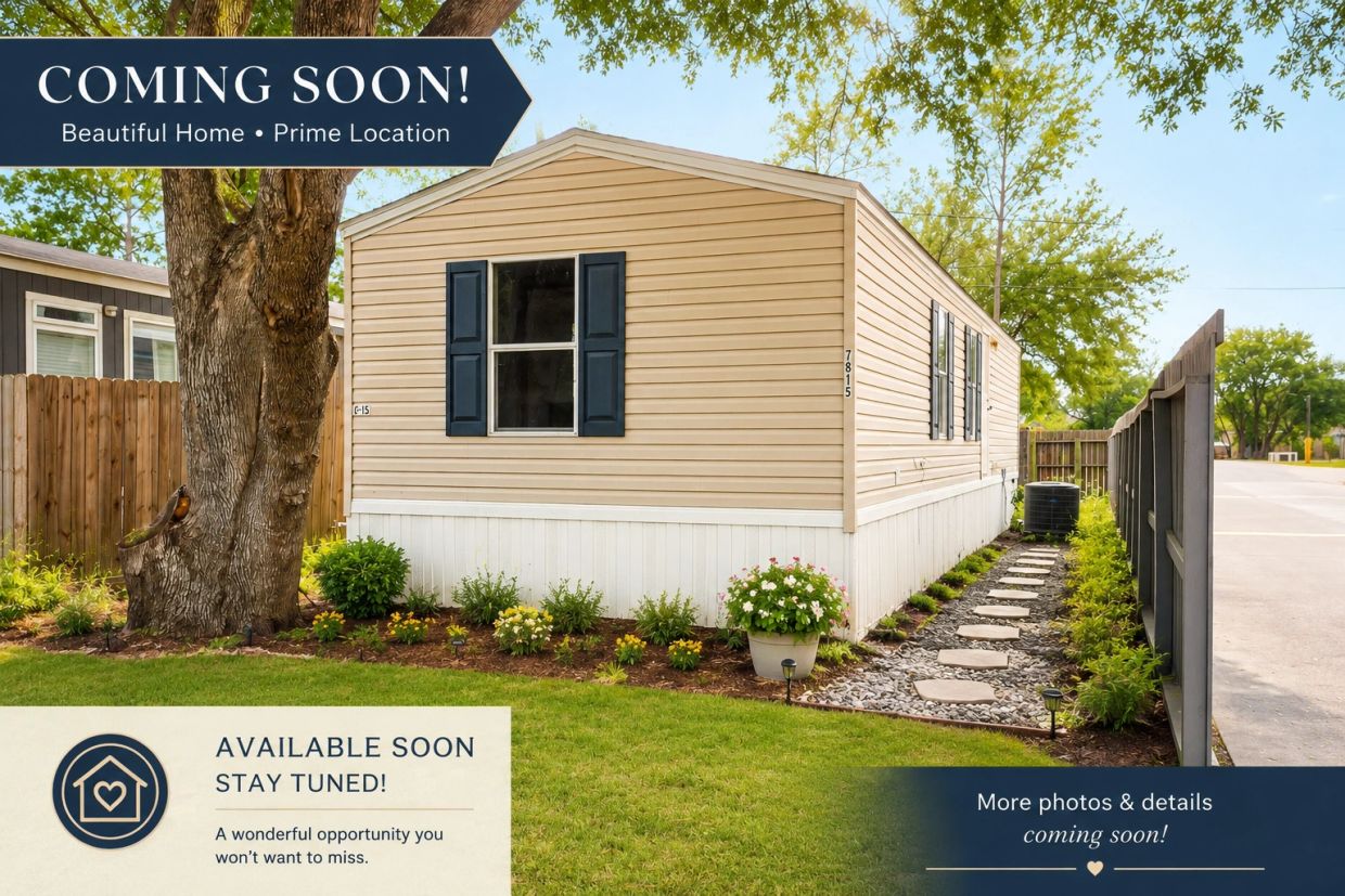 A beige mobile home with black shutters and a landscaped yard, coming soon for sale.