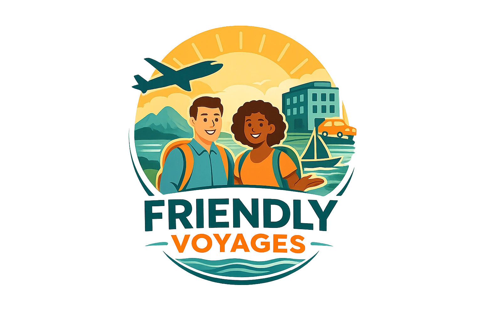 Illustration of two happy travelers with backpacks, airplane, and boat, labeled Friendly Voyages.