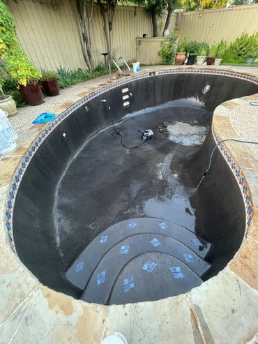 Empty backyard pool with dark interior and decorative tiles on steps.