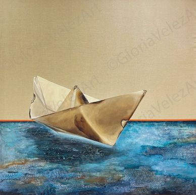 Paper boat floating on a textured blue sea under a beige sky.