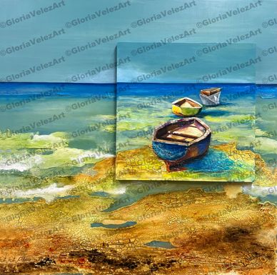 A vibrant painting of three boats on turquoise water near the shore.
