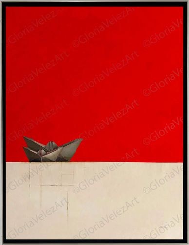 Origami boat on a stark red and white background, minimalist art.