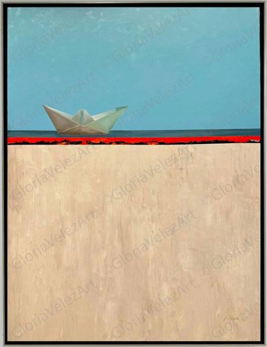 Minimalist painting of a paper boat on a blue sea with a sandy foreground.