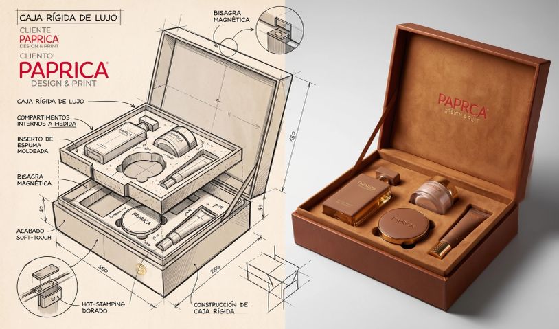Diseño y prototipo de caja rígida de lujo con compartimentos personalizados.