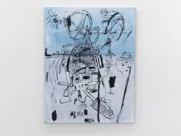 Abstract painting with chaotic black sketches on a blue and white background.