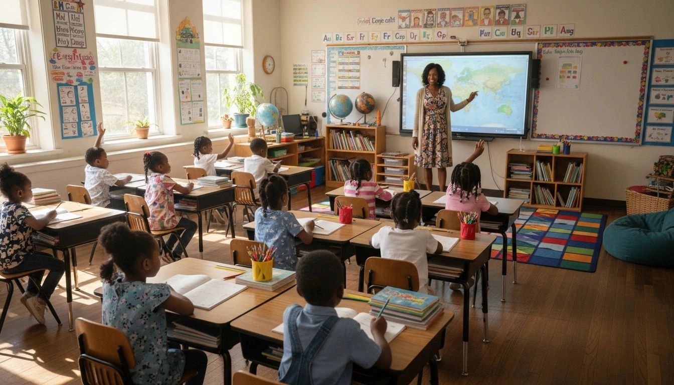 Teacher instructs young students in a bright classroom with maps and colorful decor.
