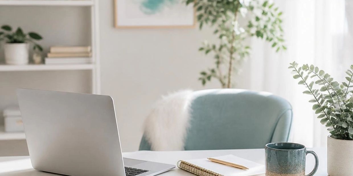 Cozy home office setup with laptop and coffee.