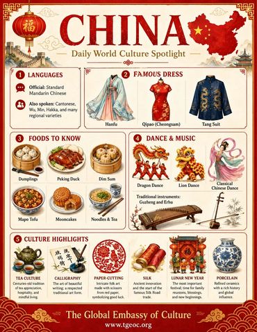 An infographic and full color red with drawings about the country of China.