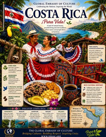 An infographic about the country of Costa Rica with dancers in full-color dresses.