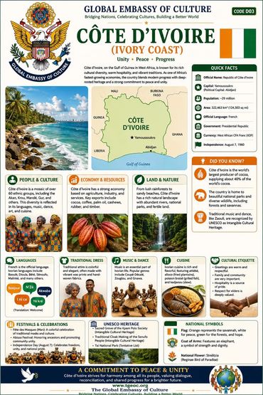 An infographic about the African country of Côte d'Ivoire.