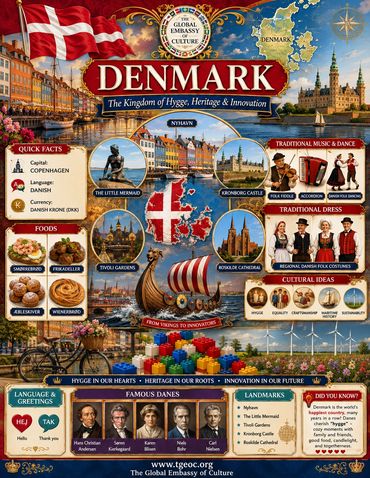 A full-color graphic featuring the heritage of the country of Denmark, including its red and white f