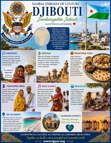 A colorful 8 1/2 by 11 infographic about Djibouti, including its blue, green, white, and red flag.