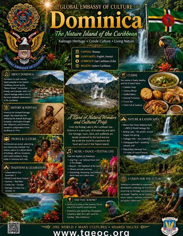 A color graphic showcasing Dominica in the Caribbean with famous items from the island.