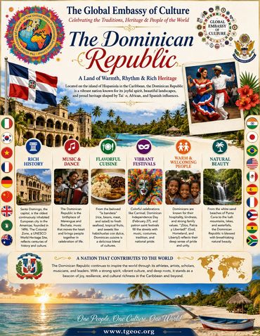 A color graphic featuring the Dominican Republic and its heritage with foods.