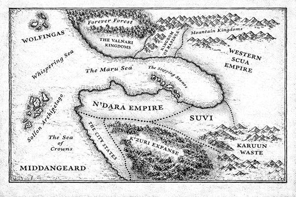 A detailed fantasy map showing empires, kingdoms, seas, and mountain ranges.