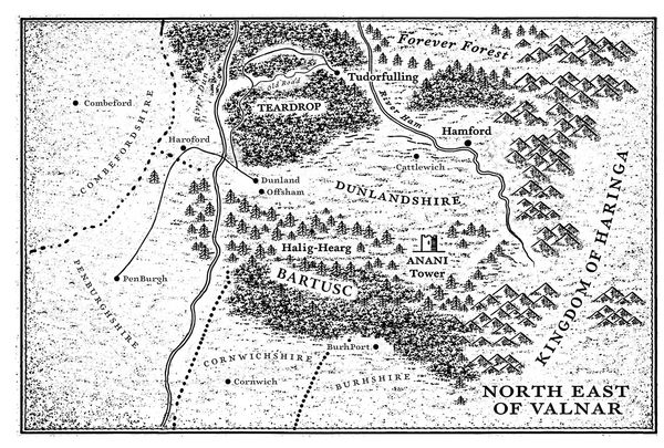 A detailed fantasy map showing regions, forests, towns, and kingdoms in Valnar.