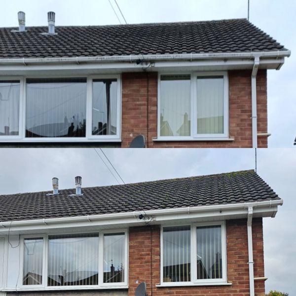 Two images of a brick house roof with white window frames and vertical blinds.