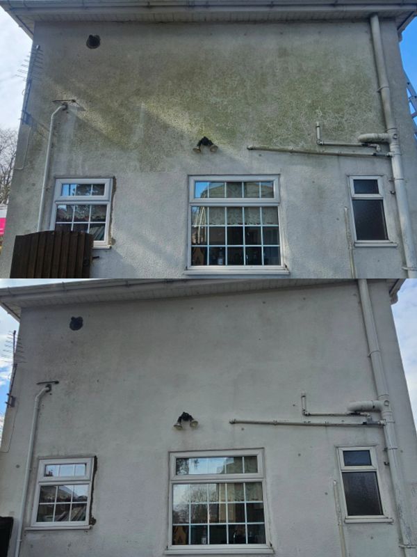 Before and after cleaning a house's exterior wall with windows and pipes.