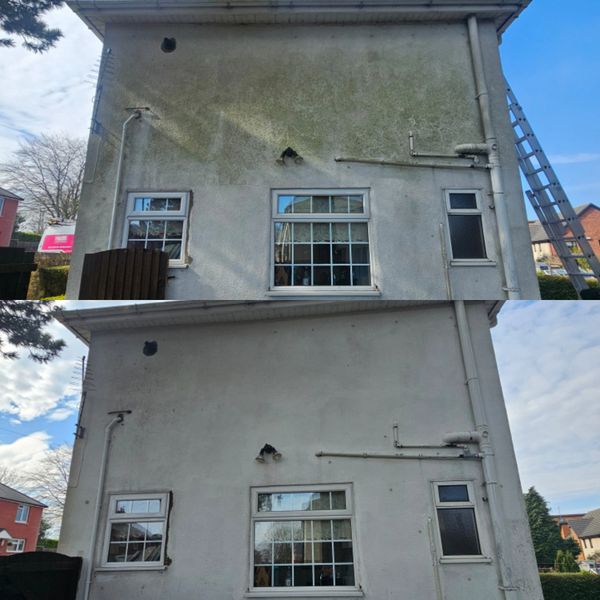 Before and after cleaning a house's exterior wall with windows and pipes.