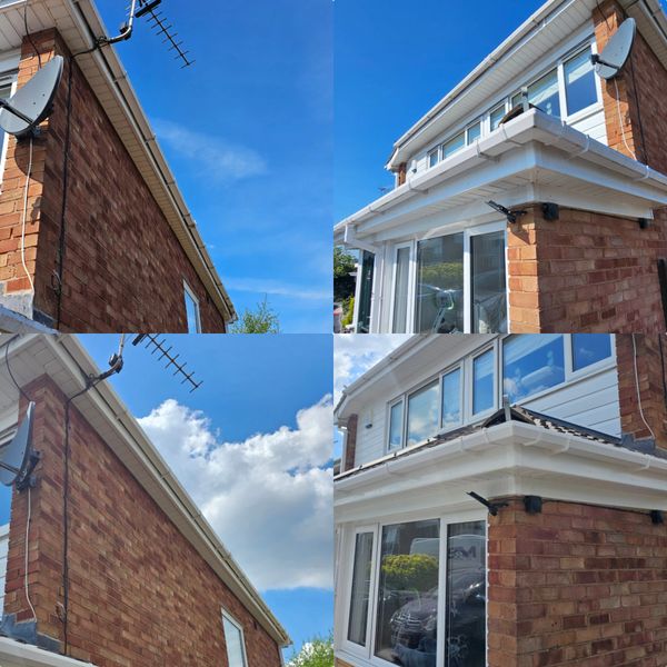 Four views showing the exterior of a brick house with white guttering and clear blue skies.