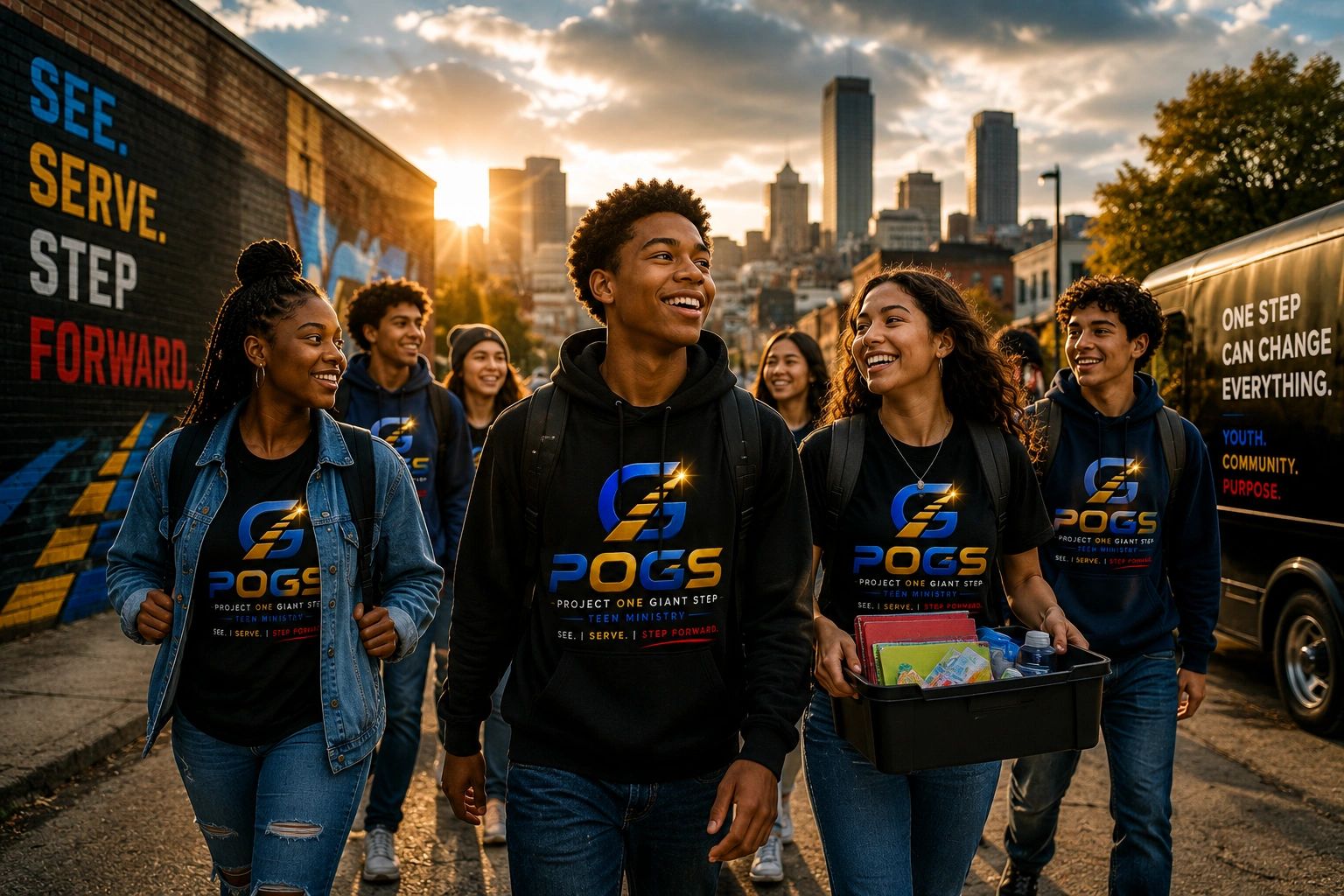 Group of teens smiling and walking together in the city.