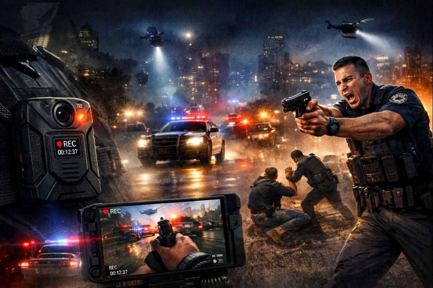 Intense police shootout at night with officers, helicopters, and body camera footage.