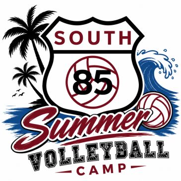 Logo for South 85 Summer Volleyball Camp with tropical and beach elements.