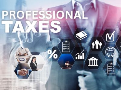 Businessman interacting with professional tax and finance icons on transparent screen.