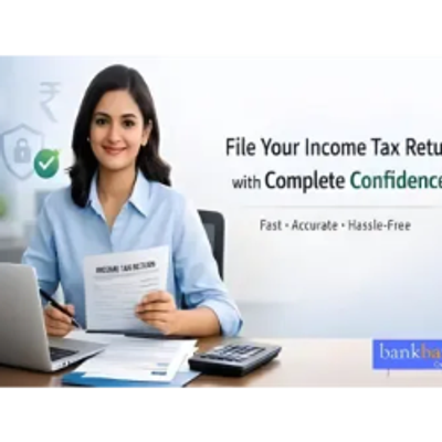 Woman filing income tax return confidently with a calculator and documents.