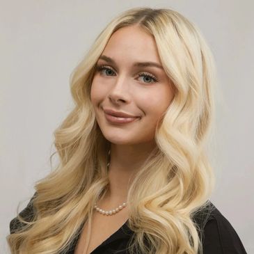 Young woman with blonde hair smiles softly.
