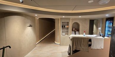 Modern reception area with neutral colors.