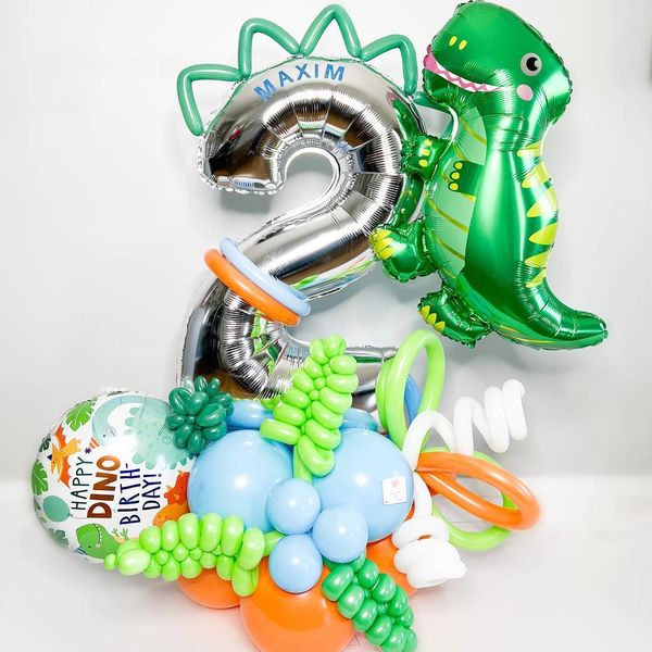Dino birthday balloon bouquet with Dino foil balloon