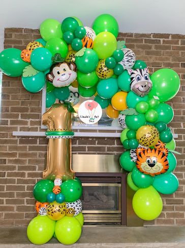 Safari themed organic balloon garland plus one digit themed balloon tower