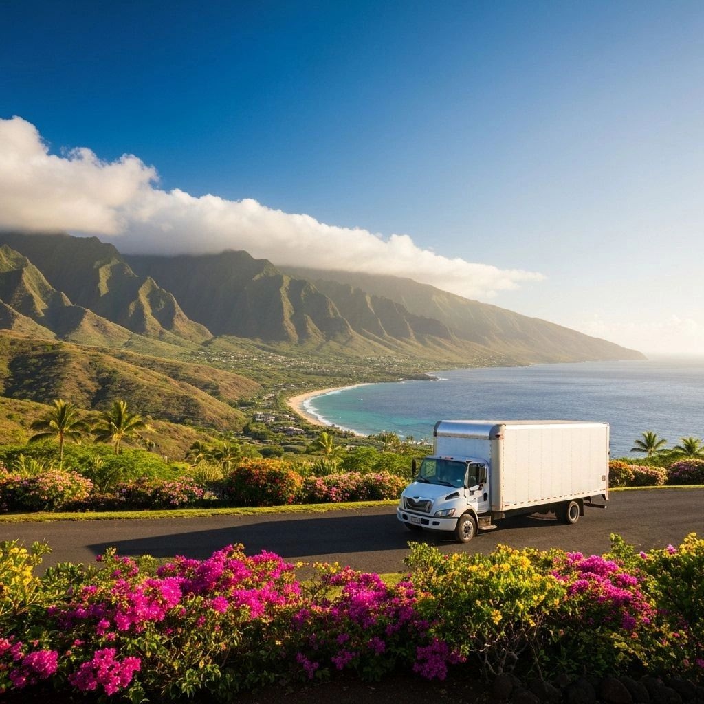 White delivery truck on a scenic coastal road with mountains and ocean.