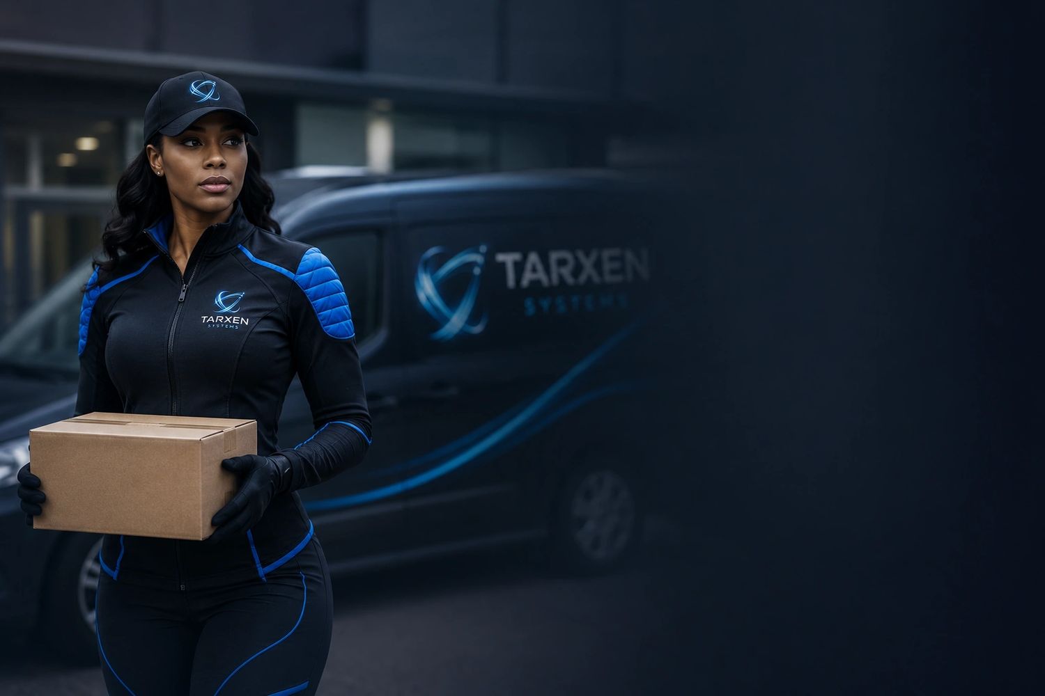 Delivery woman in branded uniform holding a package in front of a company van.