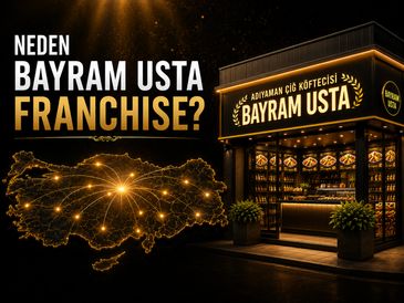 Bayram Usta franchise promotion with glowing Turkey map and kiosk.
