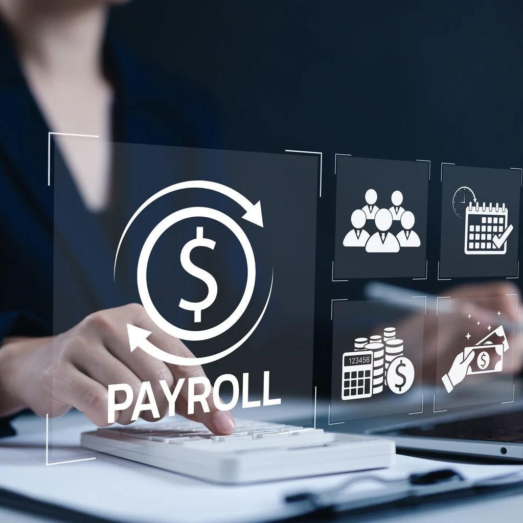 Person using a calculator with digital payroll icons and symbols.
