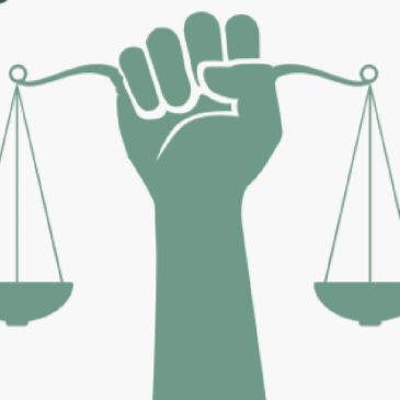 Illustration of a fist holding scales of justice.