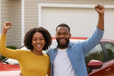 Happy couple celebrating in front of their new red car outside a house.