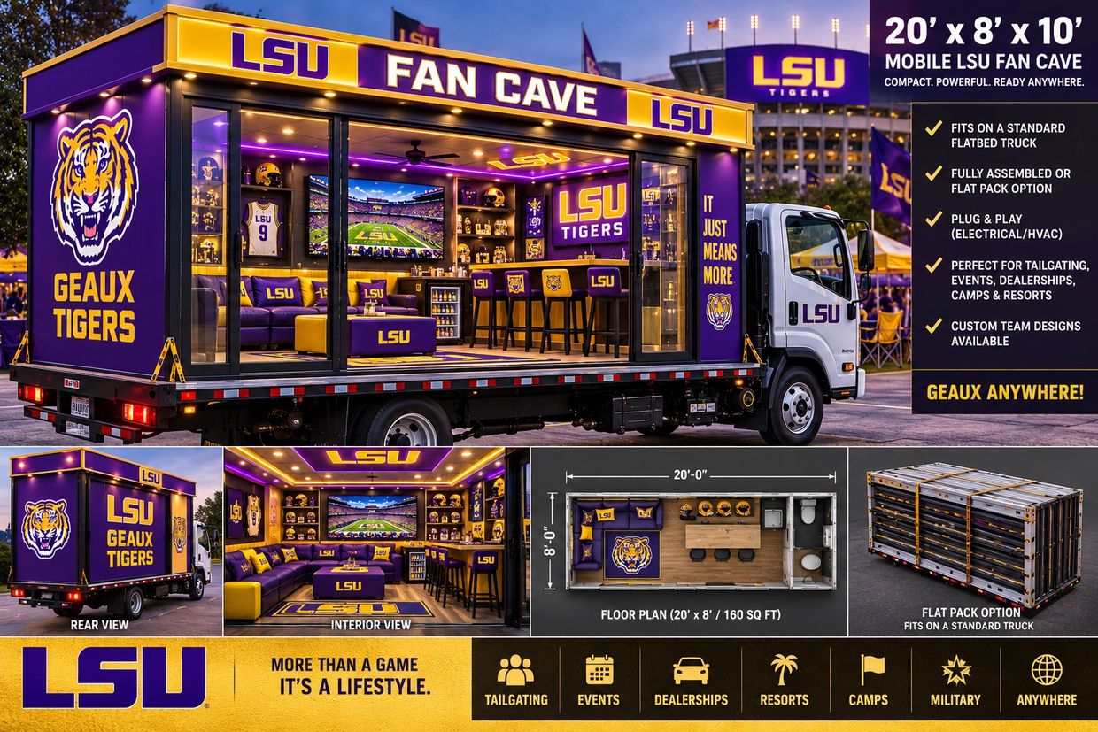 Mobile LSU fan cave truck fully equipped for tailgating and events.