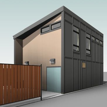 Modern two-story house with dark exterior and wooden fence.