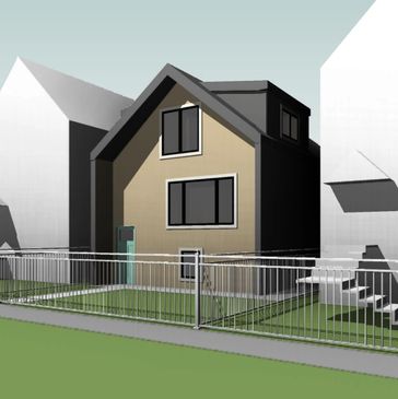Modern two-story house with fenced yard and minimalist design.
