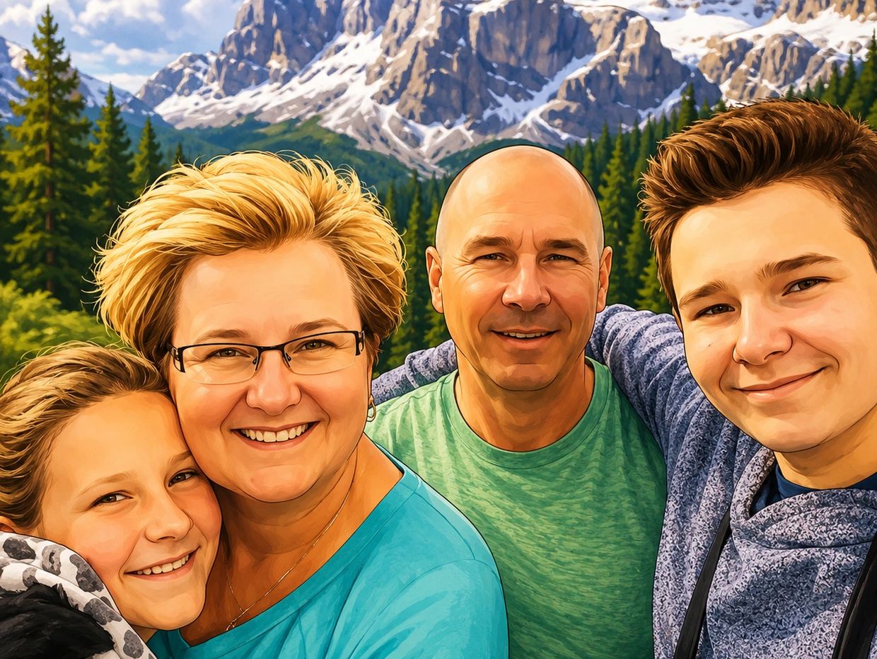Happy family smiling in front of snowy mountains and pine trees.