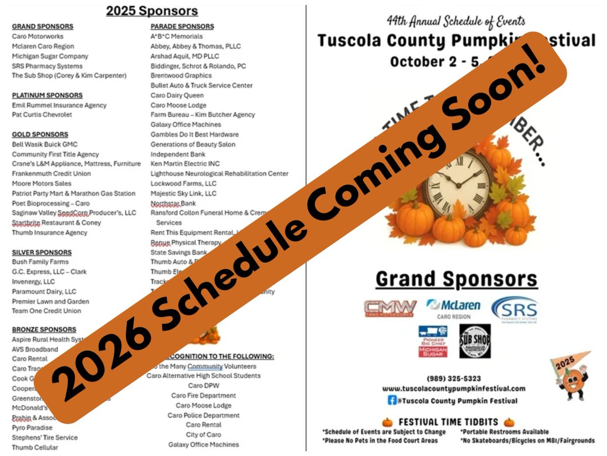 2025 Tuscola County Pumpkin Festival sponsors and event announcement.