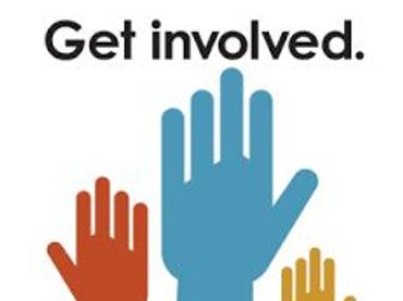 Illustration of colorful raised hands with 'Get involved' text above.